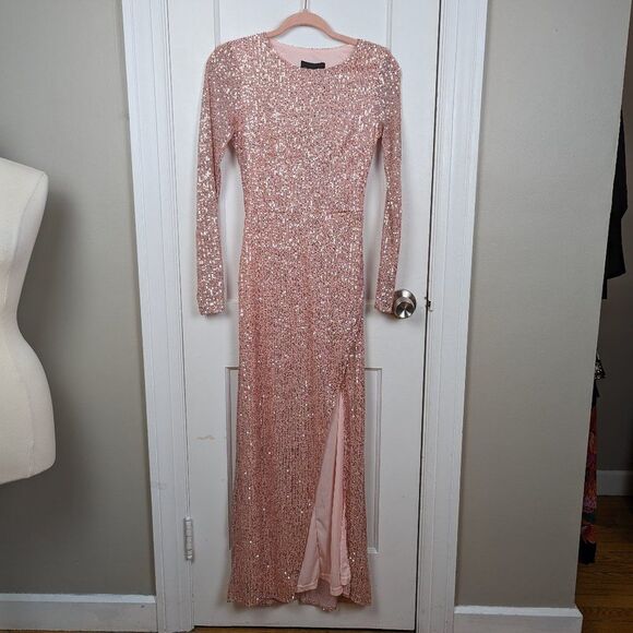 Angel Biba | Rose Gold High Slit Sequin Maxi Dress NWT Size s - Picture 1 of 7